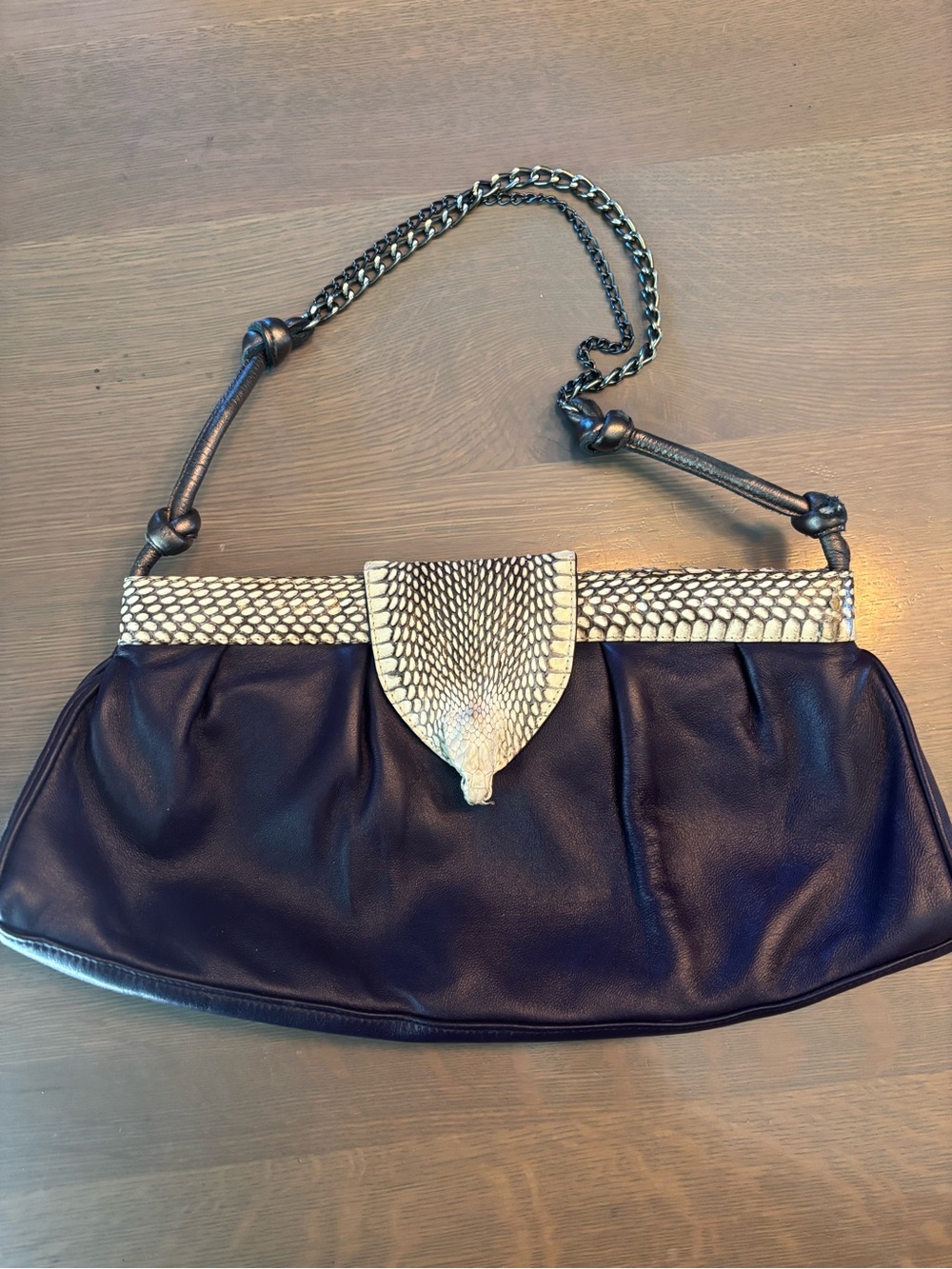 Purple Shoulder Bag with Cream Snakeskin-Embossed Trim